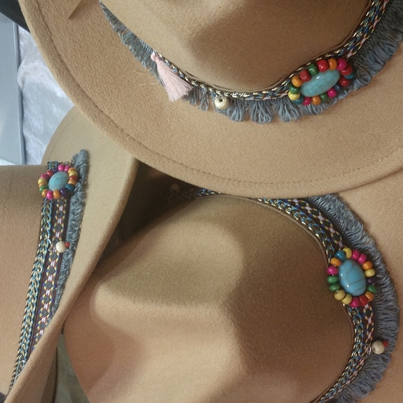 Unisex Western Southern Tan Cowboy Hat Turquoise Tassels Pendants Fringe Accent - Picture 13 of 13